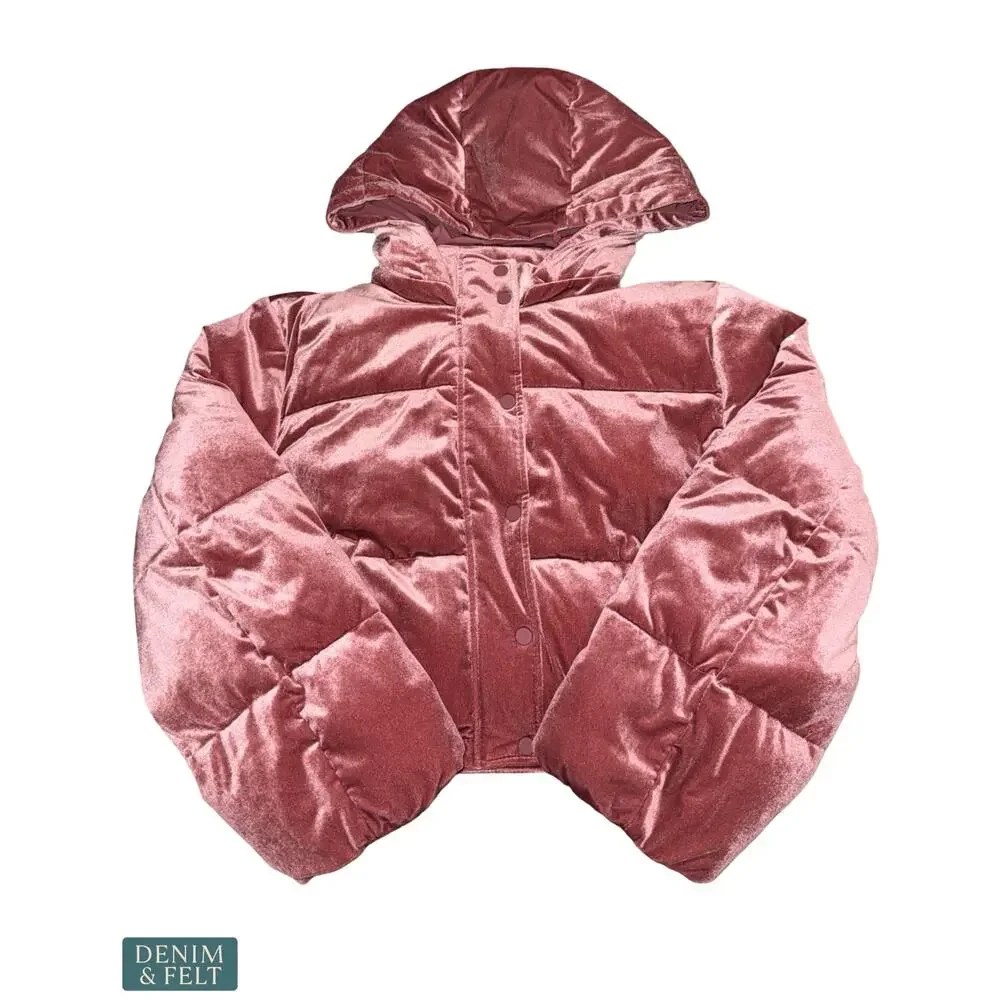 NEW Alo Yoga Velour Cropped Quilted Jacket Hooded Luxe Stretch Velvet Rosewood M